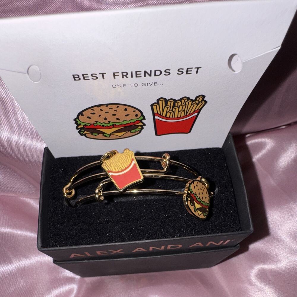 Alex and Ani Best Friends Bangle Set Burger & Fries Charm Bracelets w/ Box⁠